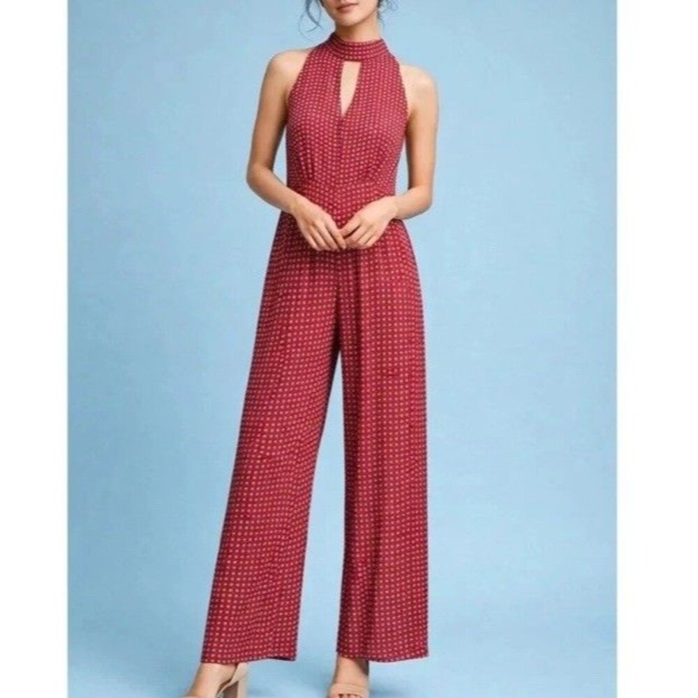 Maeve Anthropologie Womens Farida Micro Floral Mock Neck Jumpsuit Size 8